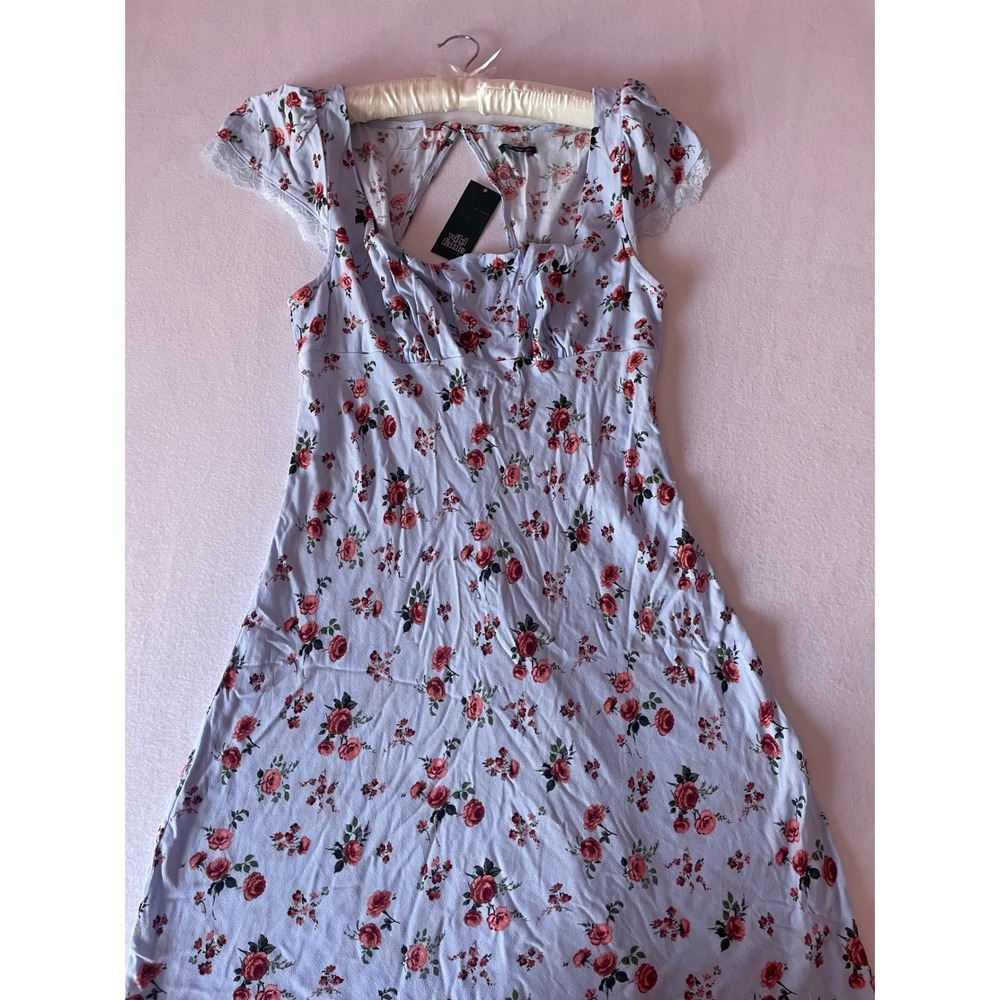 Wild Fable Blue Floral Rose Lace Trim‎ Cap Sleeve Cutout Midi Dress Size M NWT